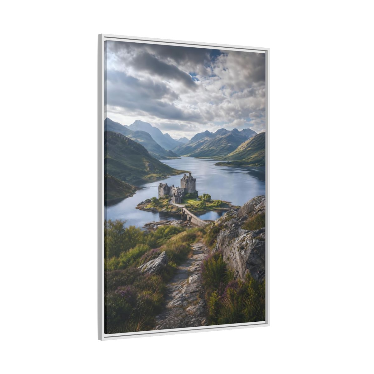 Nature Castle Green Blue Grey Framed Canvas Wall Art - Living Room, Above Couch, Blue-Green shown as canvas wall art