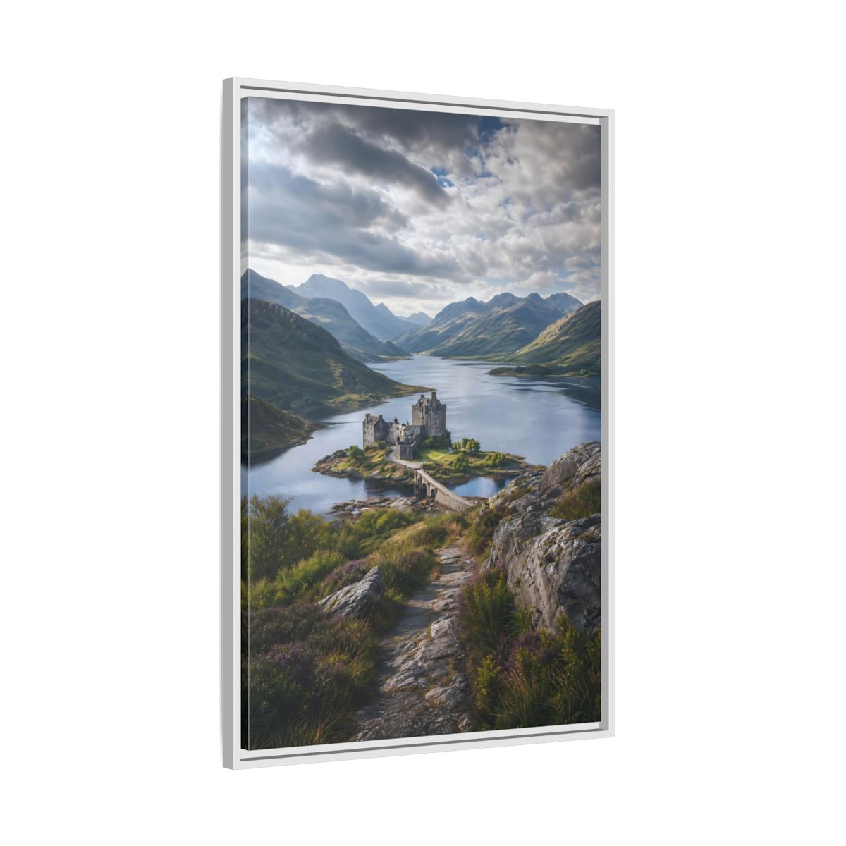 Nature Castle Green Blue Grey Framed Canvas Wall Art - Living Room, Above Couch, Blue-Green shown as canvas wall art