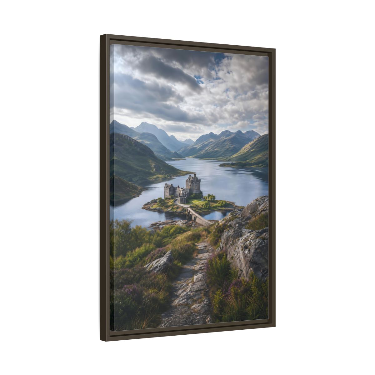 Nature Castle Green Blue Grey Framed Canvas Wall Art - Living Room, Above Couch, Blue-Green shown as canvas wall art