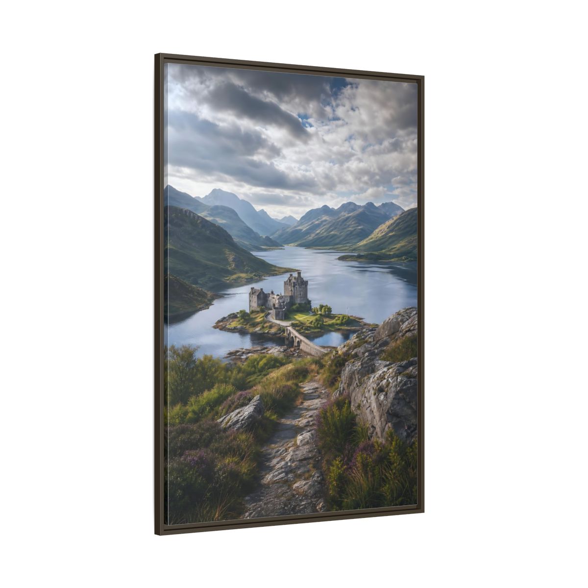 Nature Castle Green Blue Grey Framed Canvas Wall Art - Living Room, Above Couch, Blue-Green shown as canvas wall art