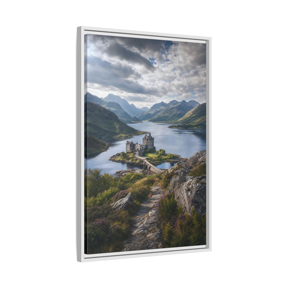 Nature Castle Green Blue Grey Framed Canvas Wall Art - Living Room, Above Couch, Blue-Green shown as canvas wall art