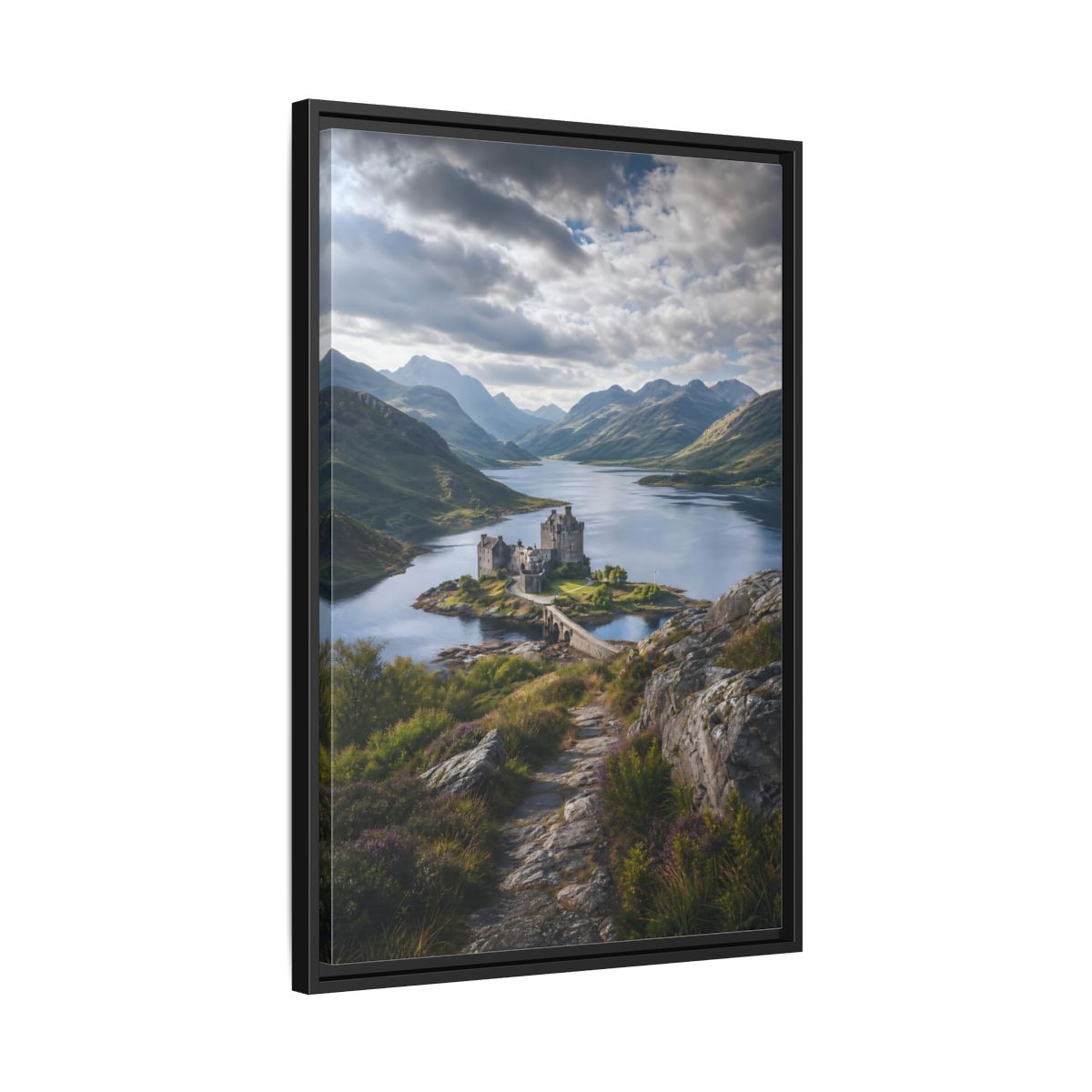 Nature Castle Green Blue Grey Framed Canvas Wall Art - Living Room, Above Couch, Blue-Green shown as canvas wall art