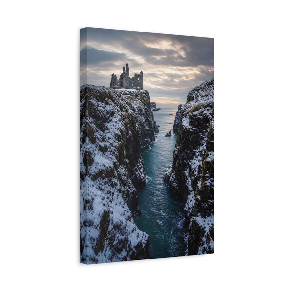 Side Mockup 4. Nature Castle Ruin Winter Castle shown as stretched canvas wall art