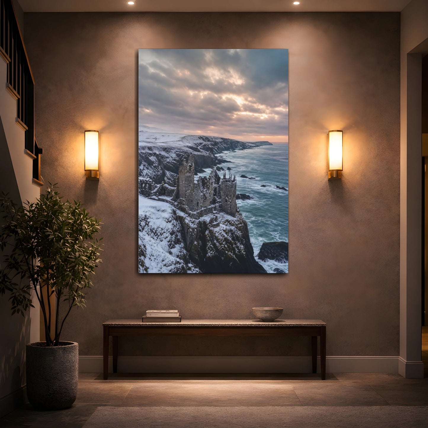 Mockup 2. Nature Castle Ruin Winter Castle Coast shown as stretched canvas wall art