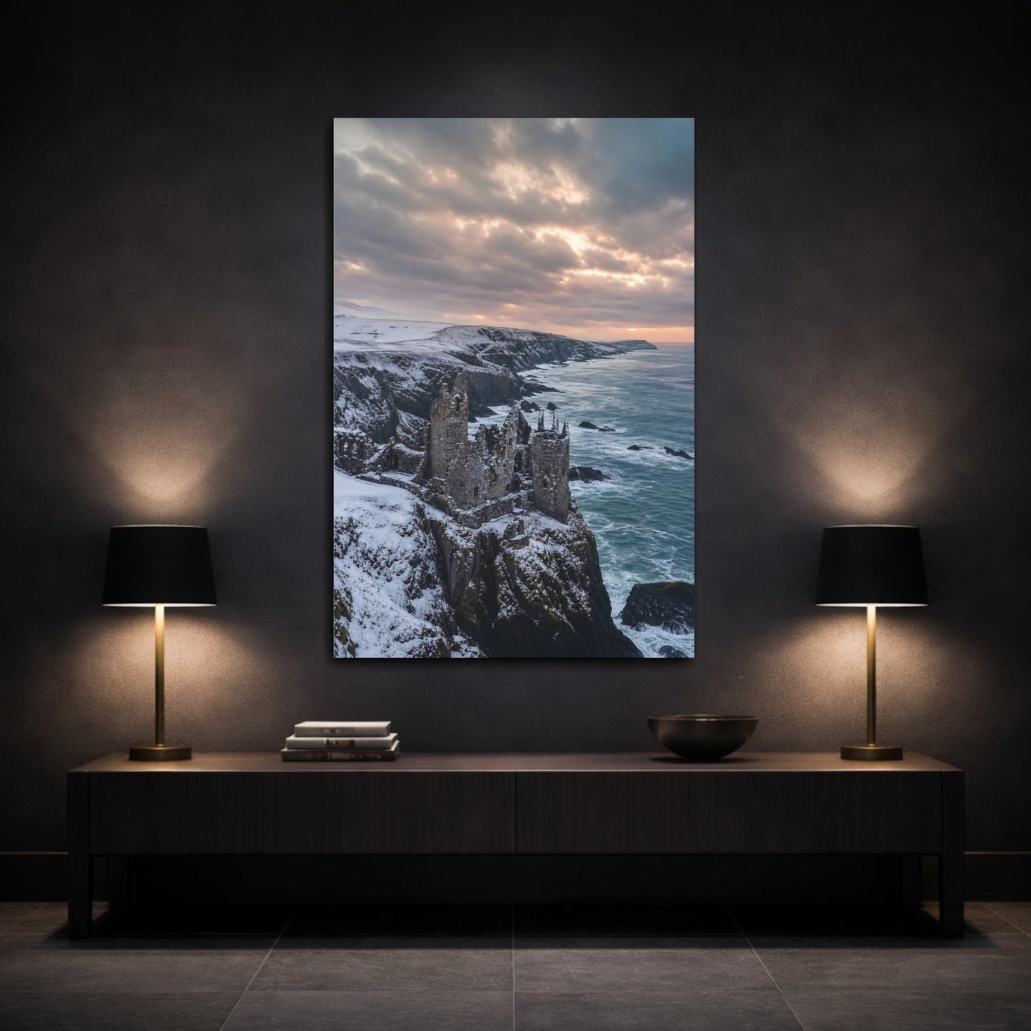 Mockup 3. Nature Castle Ruin Winter Castle Coast shown as stretched canvas wall art