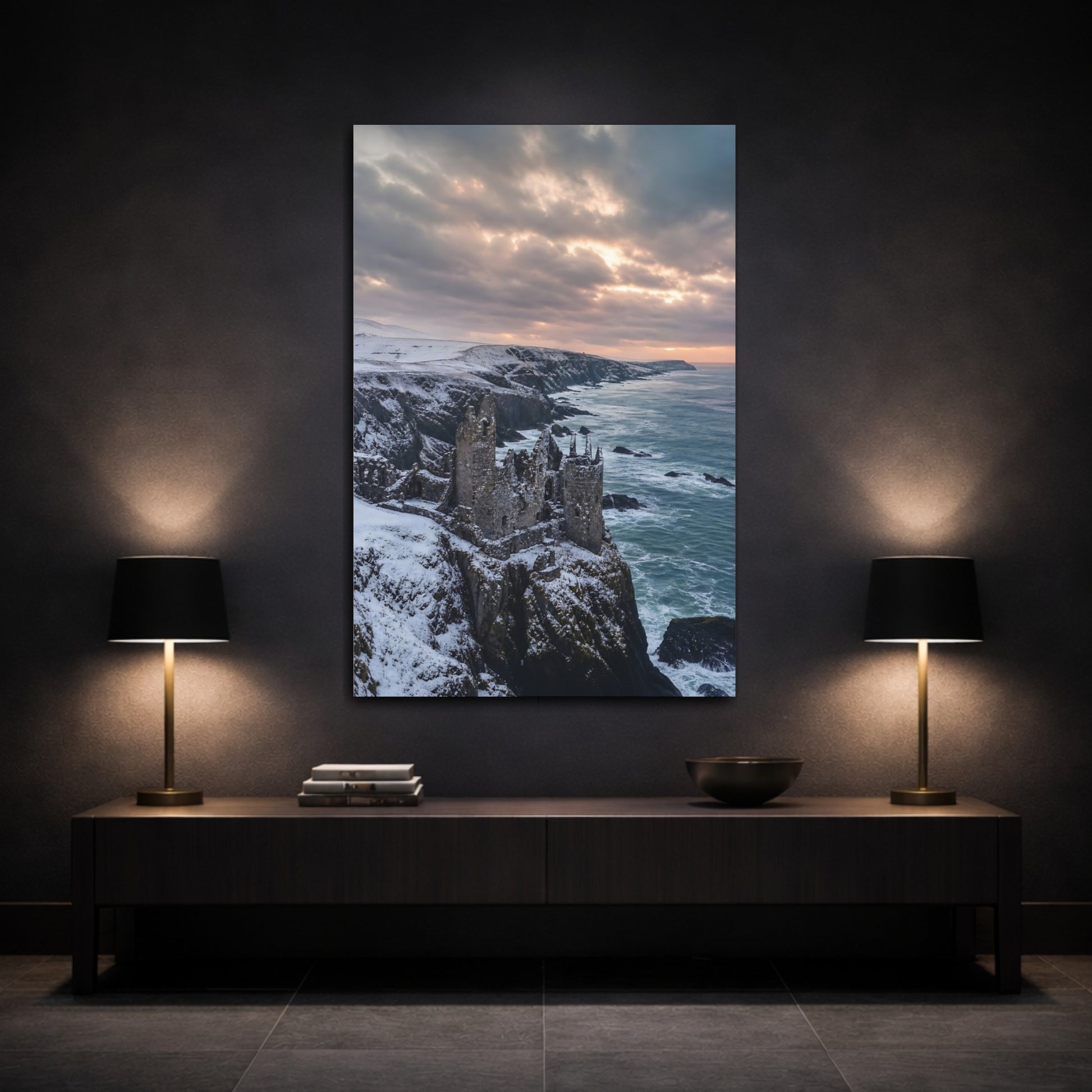 Mockup 3. Nature Castle Ruin Winter Castle Coast shown as stretched canvas wall art