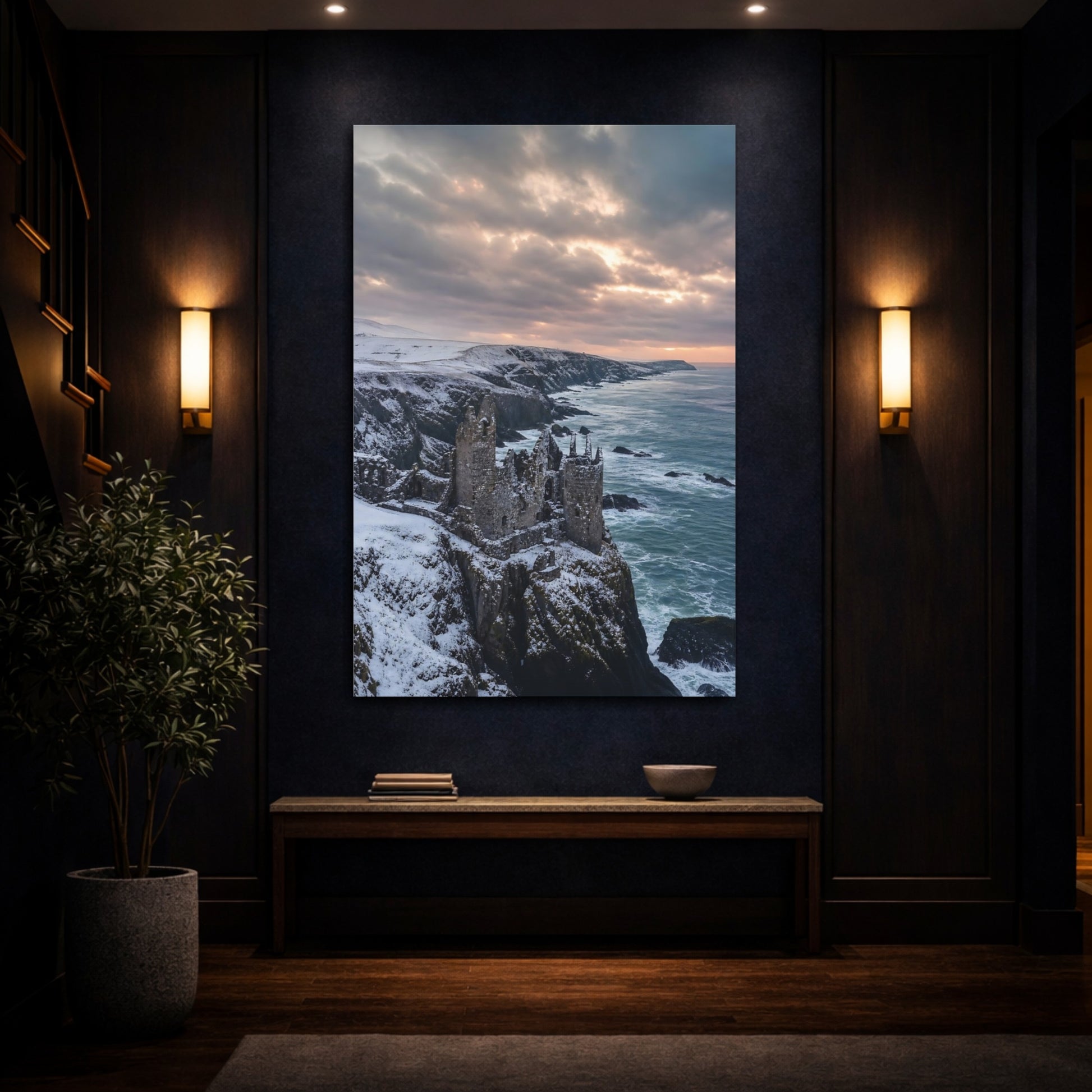 Mockup 4. Nature Castle Ruin Winter Castle Coast shown as stretched canvas wall art