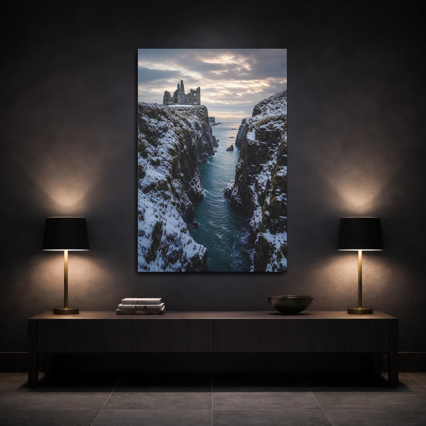 Mockup 3. Nature Castle Ruin Winter Castle shown as stretched canvas wall art