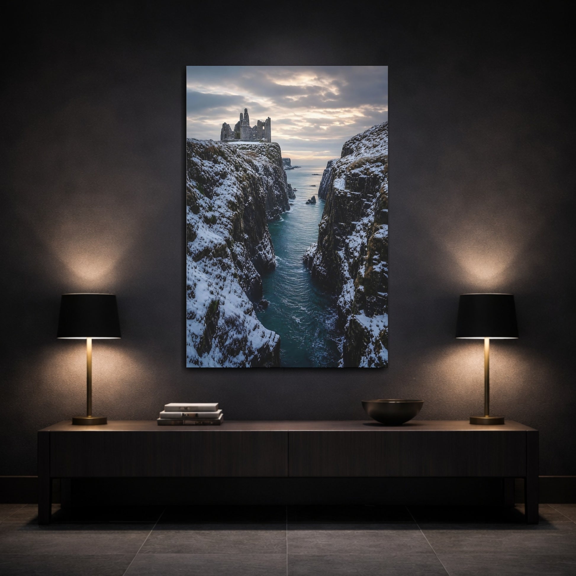 Mockup 3. Nature Castle Ruin Winter Castle shown as stretched canvas wall art