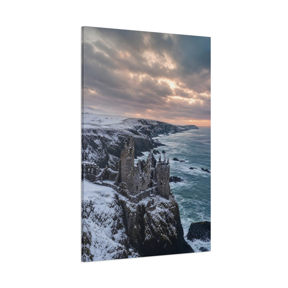 Side Mockup 1. Nature Castle Ruin Winter Castle Coast shown as stretched canvas wall art