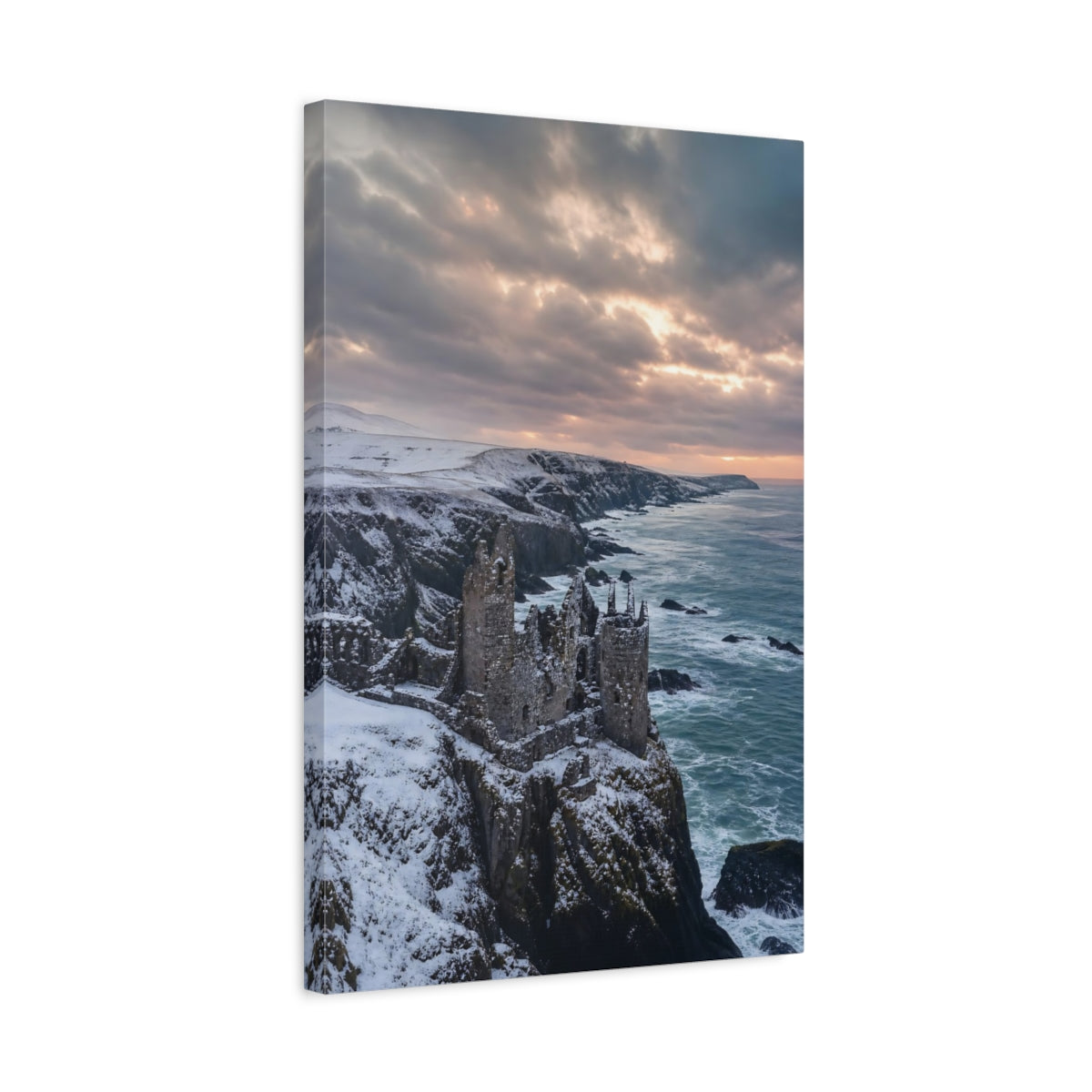 Side Mockup 3. Nature Castle Ruin Winter Castle Coast shown as stretched canvas wall art