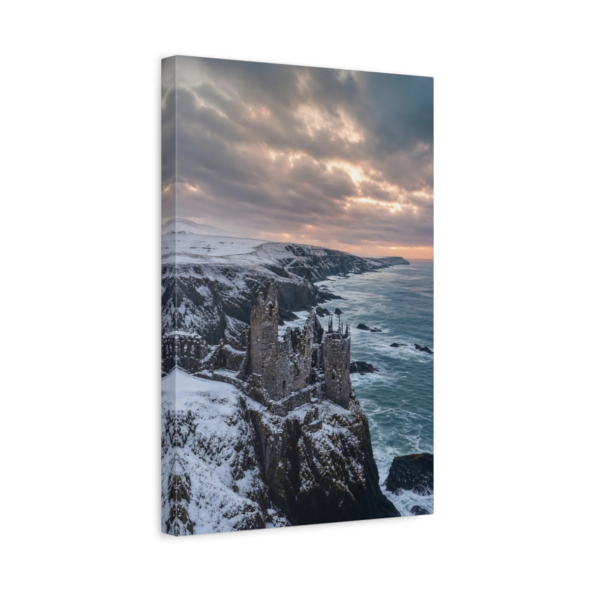 Side Mockup 4. Nature Castle Ruin Winter Castle Coast shown as stretched canvas wall art