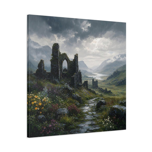 Main Mockup. Nature Castle Ruins Grey Green Landscape shown as stretched canvas wall art