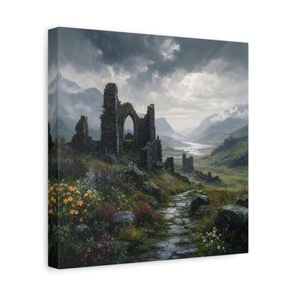 Side Mockup 8. Nature Castle Ruins Grey Green Landscape shown as stretched canvas wall art