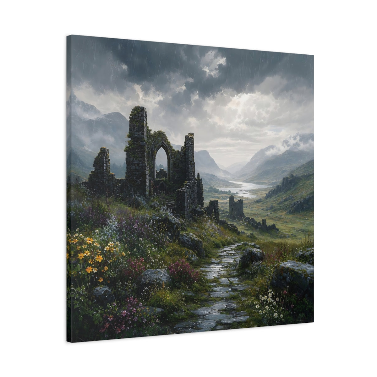 Side Mockup 3. Nature Castle Ruins Grey Green Landscape shown as stretched canvas wall art