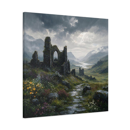 Side Mockup 3. Nature Castle Ruins Grey Green Landscape shown as stretched canvas wall art