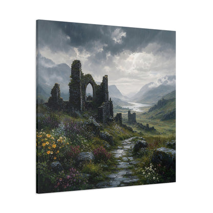 Side Mockup 1. Nature Castle Ruins Grey Green Landscape shown as stretched canvas wall art