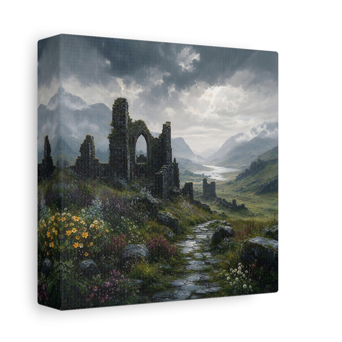 Side Mockup 2. Nature Castle Ruins Grey Green Landscape shown as stretched canvas wall art