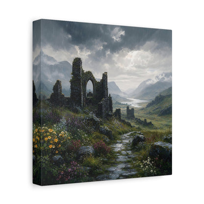 Side Mockup 9. Nature Castle Ruins Grey Green Landscape shown as stretched canvas wall art