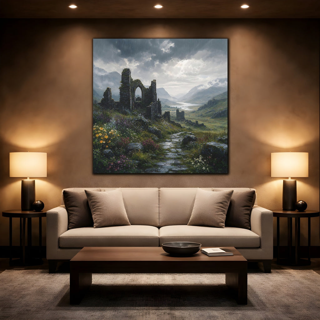 Mockup 2. Nature Castle Ruins Grey Green Landscape shown as stretched canvas wall art