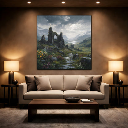 Mockup 2. Nature Castle Ruins Grey Green Landscape shown as stretched canvas wall art