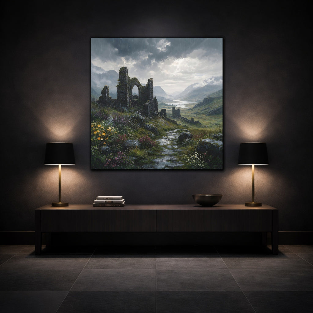 Mockup 3. Nature Castle Ruins Grey Green Landscape shown as stretched canvas wall art