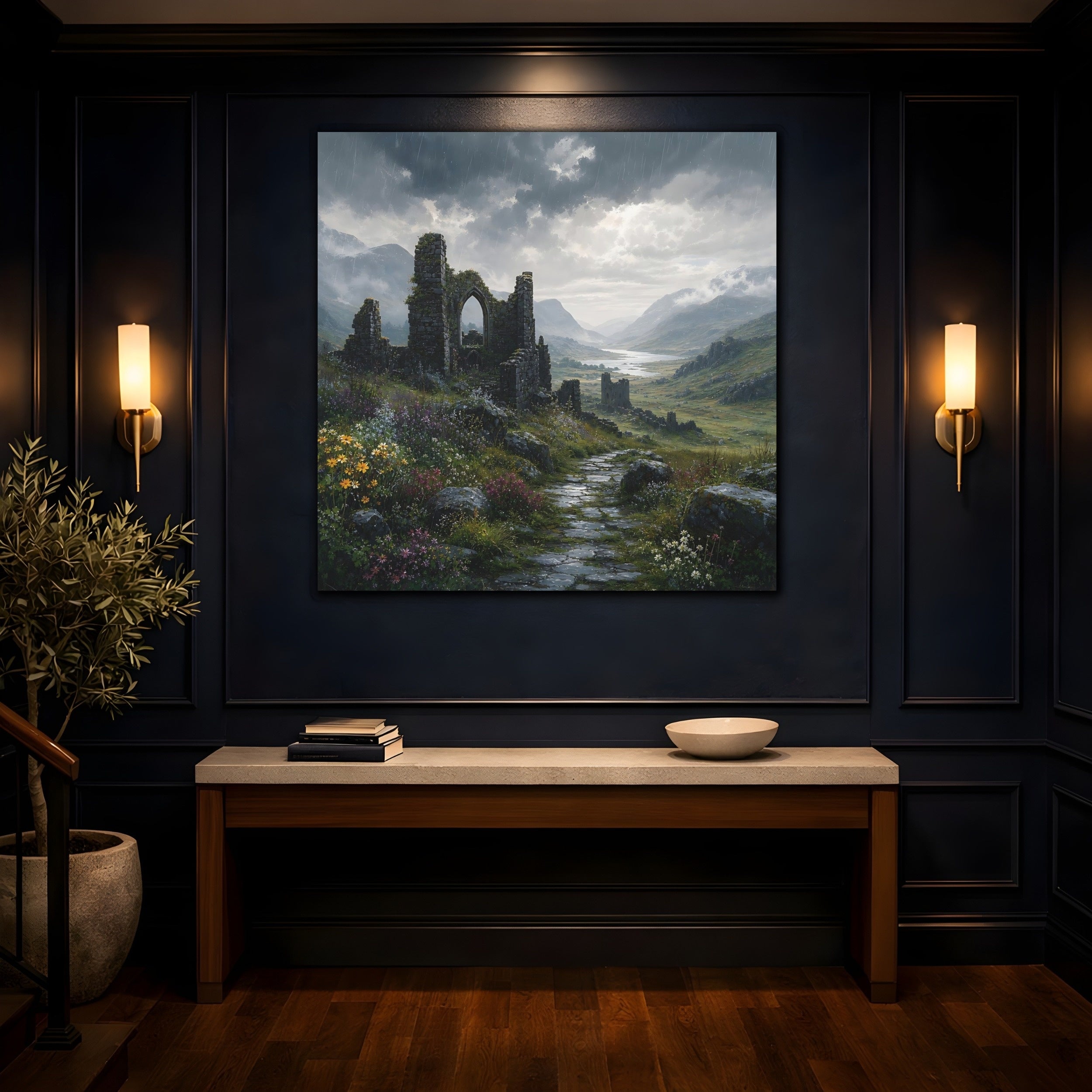 Mockup 4. Nature Castle Ruins Grey Green Landscape shown as stretched canvas wall art