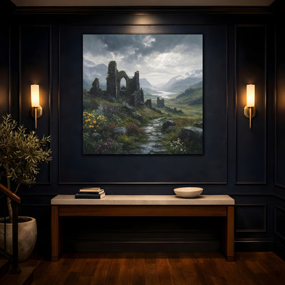 Mockup 4. Nature Castle Ruins Grey Green Landscape shown as stretched canvas wall art
