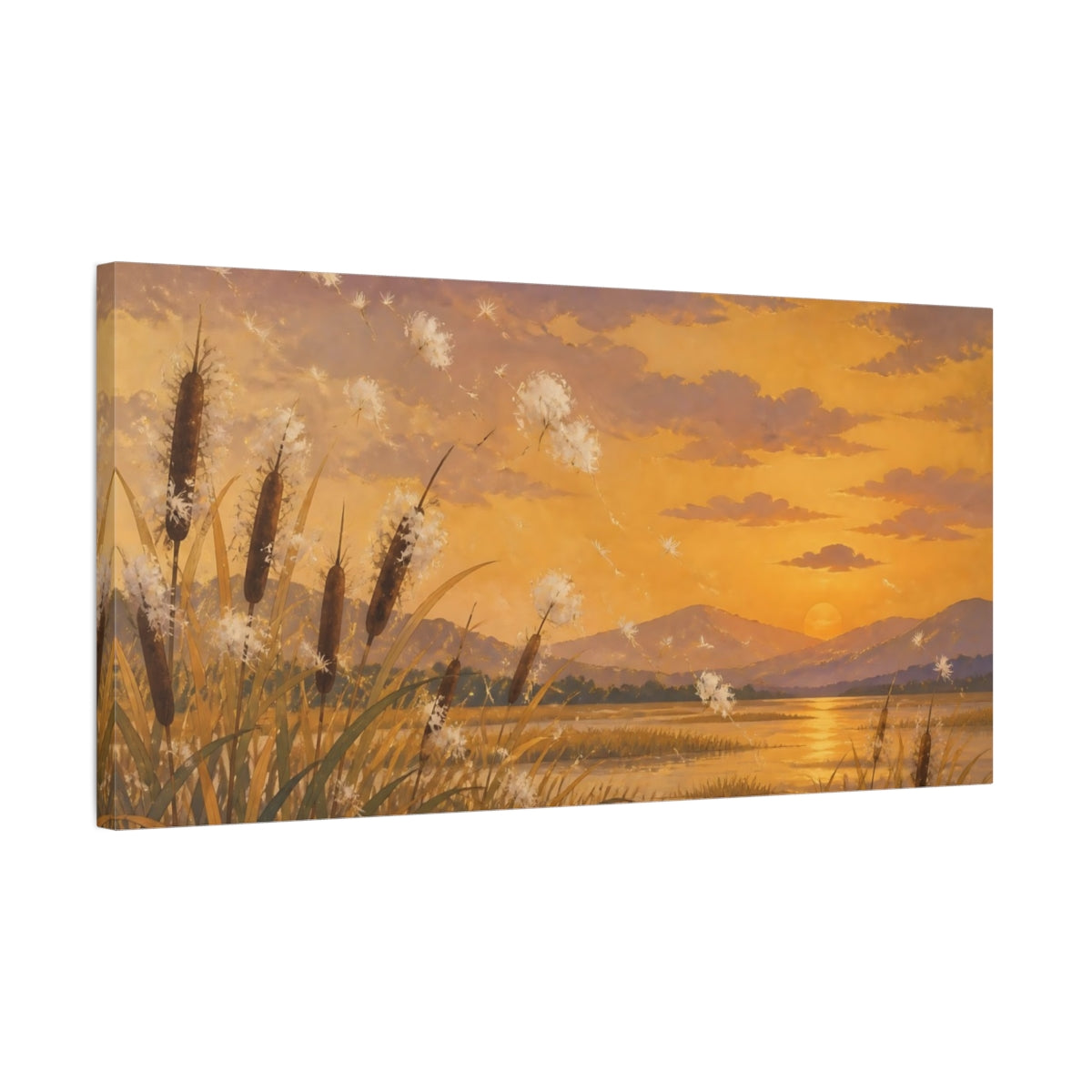 Side Mockup 1. Nature Cattails At Sunset shown as canvas print