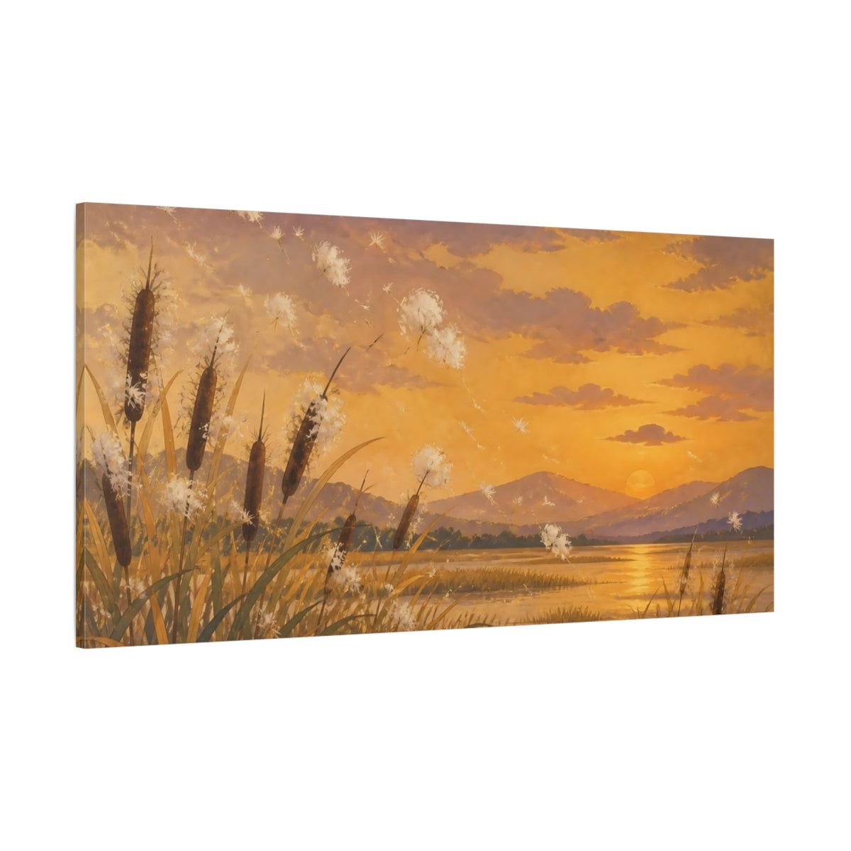 Side Mockup 2. Nature Cattails At Sunset shown as canvas print