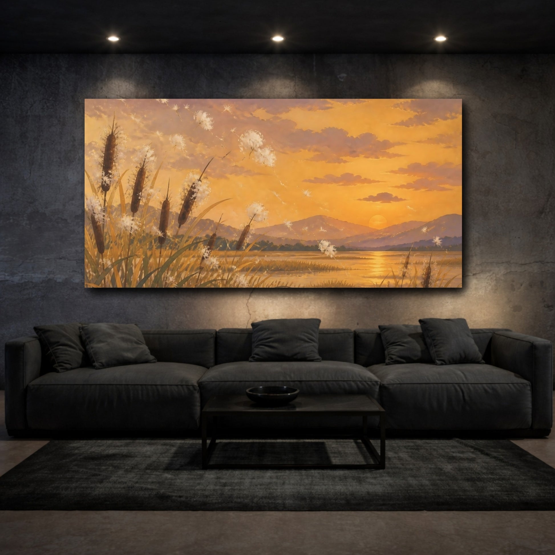 Mockup 3. Nature Cattails At Sunset shown as canvas print