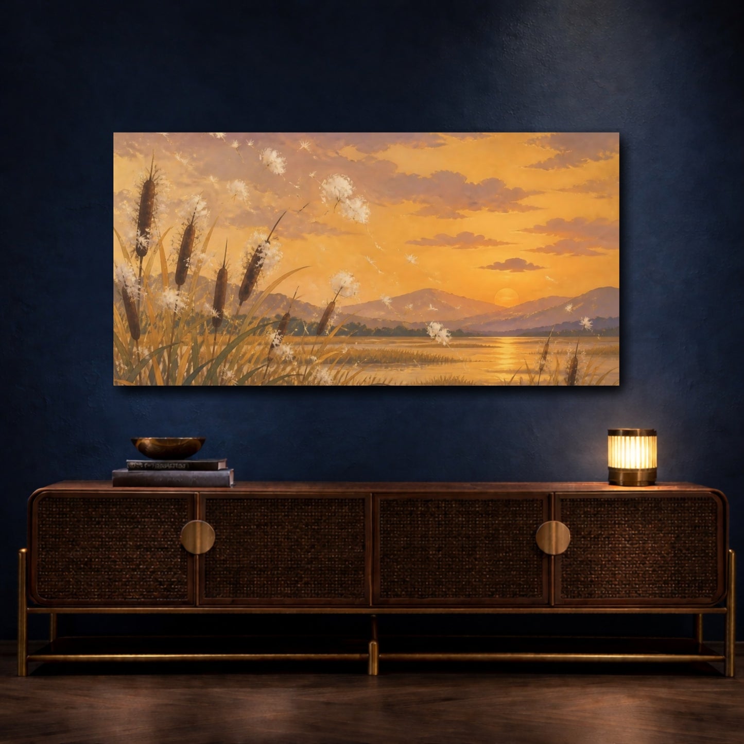 Mockup 4. Nature Cattails At Sunset shown as canvas print