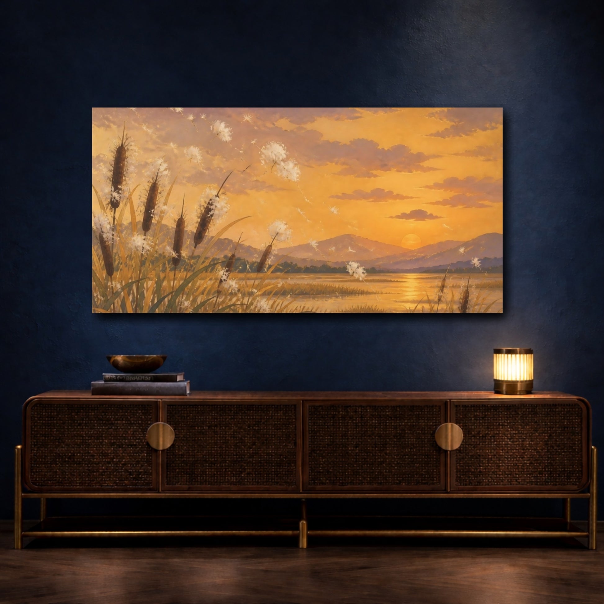 Mockup 4. Nature Cattails At Sunset shown as canvas print