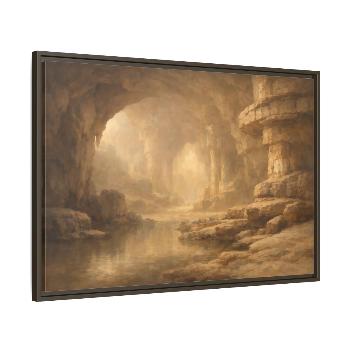 Main Mockup. Nature Cave Entrance Brown And Gold shown as stretched canvas wall art