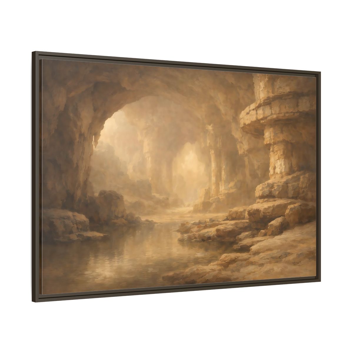 Side Mockup 8. Nature Cave Entrance Brown And Gold shown as stretched canvas wall art