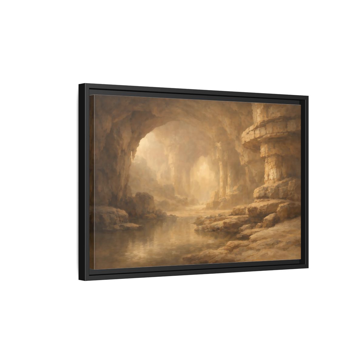 Side Mockup 3. Nature Cave Entrance Brown And Gold shown as stretched canvas wall art