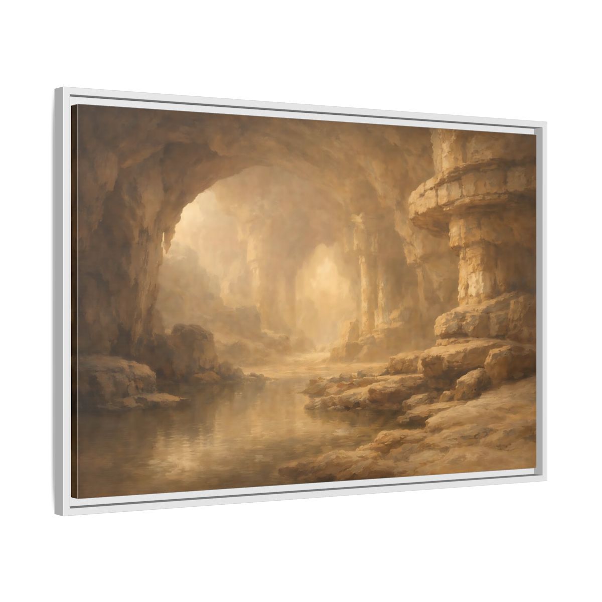 Side Mockup 9. Nature Cave Entrance Brown And Gold shown as stretched canvas wall art