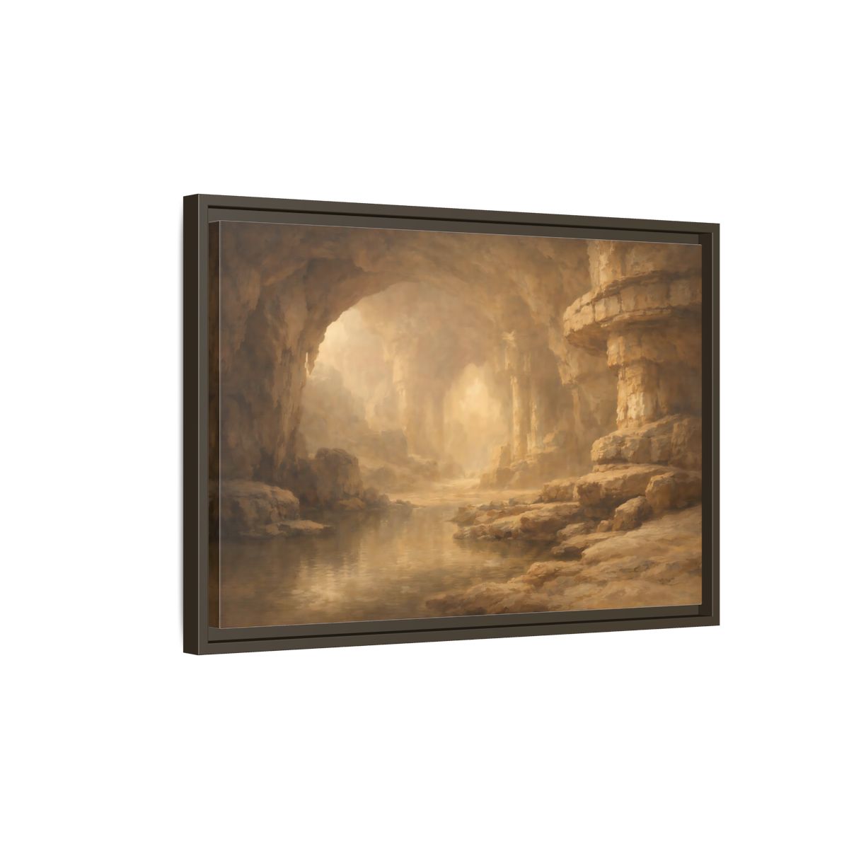 Side Mockup 2. Nature Cave Entrance Brown And Gold shown as stretched canvas wall art