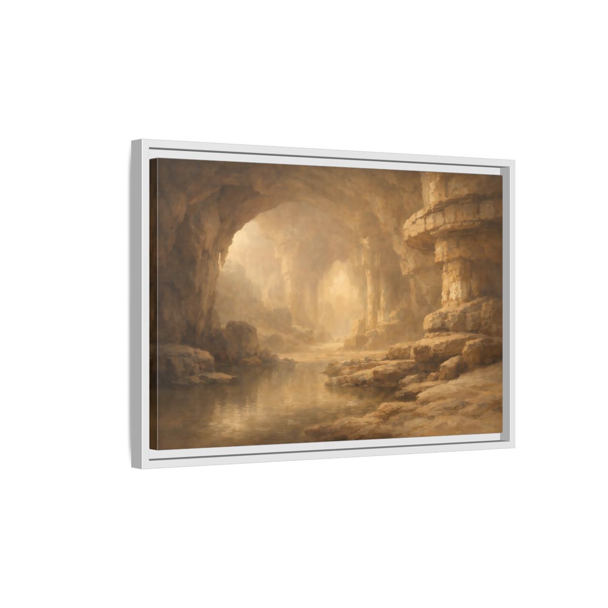 Side Mockup 1. Nature Cave Entrance Brown And Gold shown as stretched canvas wall art