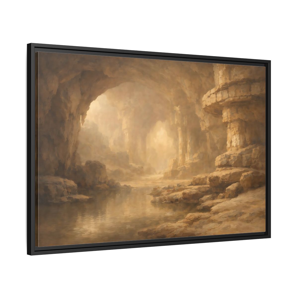 Side Mockup 13. Nature Cave Entrance Brown And Gold shown as stretched canvas wall art