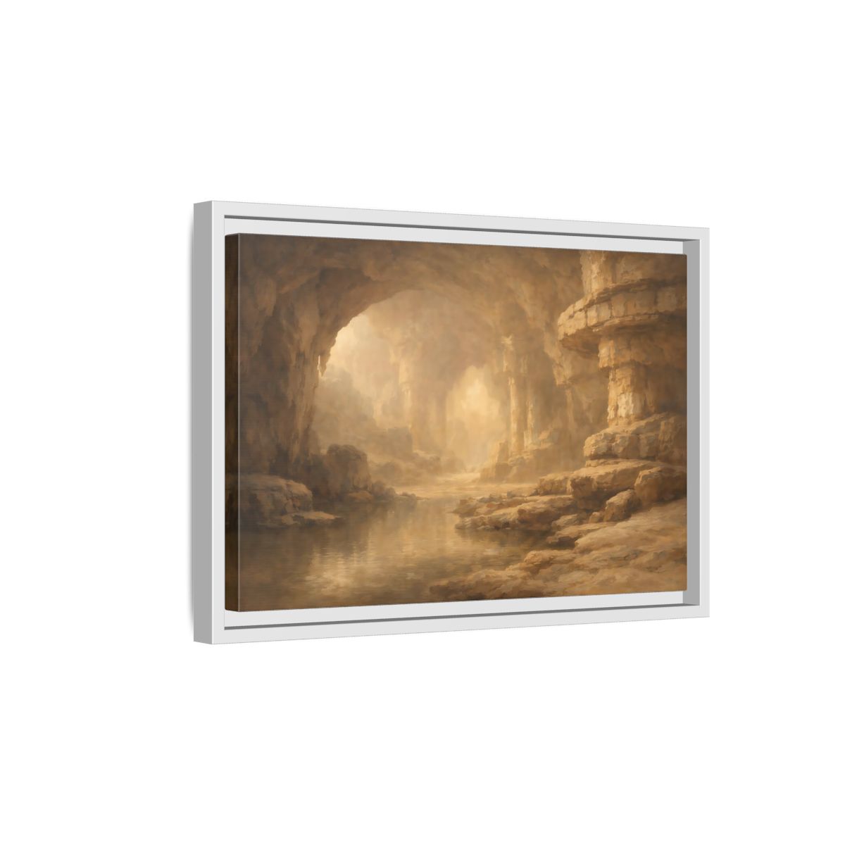 Side Mockup 4. Nature Cave Entrance Brown And Gold shown as stretched canvas wall art