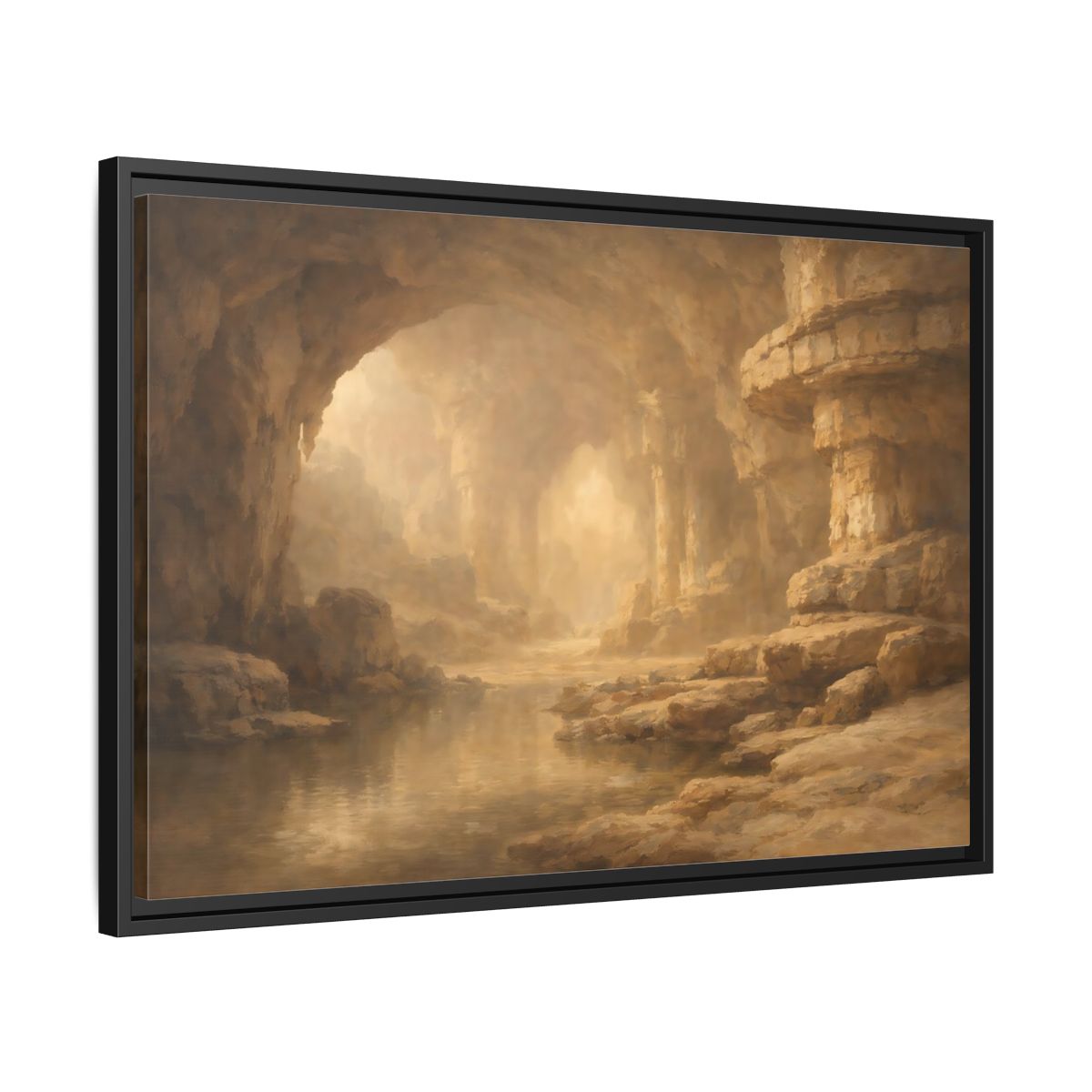 Side Mockup 14. Nature Cave Entrance Brown And Gold shown as stretched canvas wall art