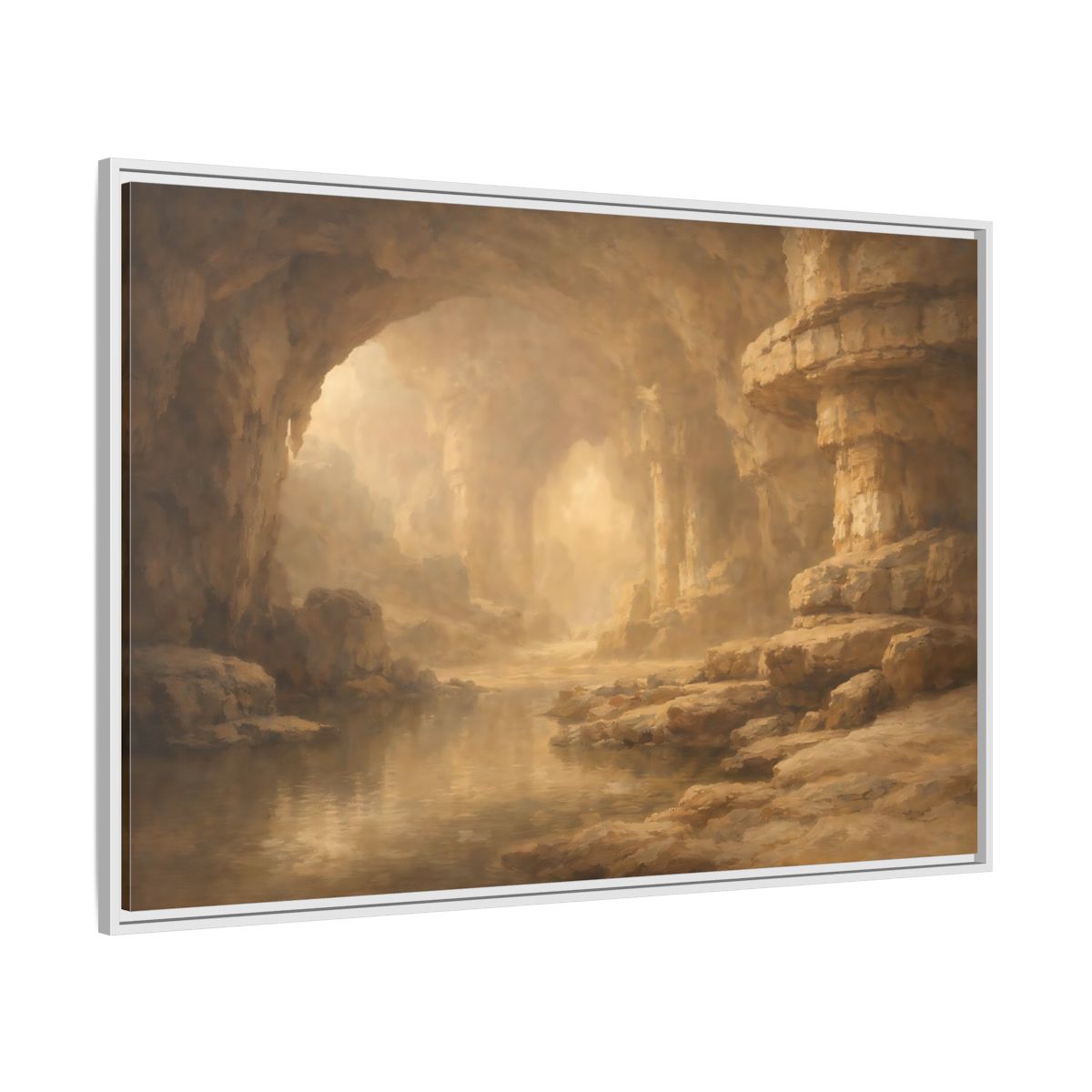 Side Mockup 7. Nature Cave Entrance Brown And Gold shown as stretched canvas wall art