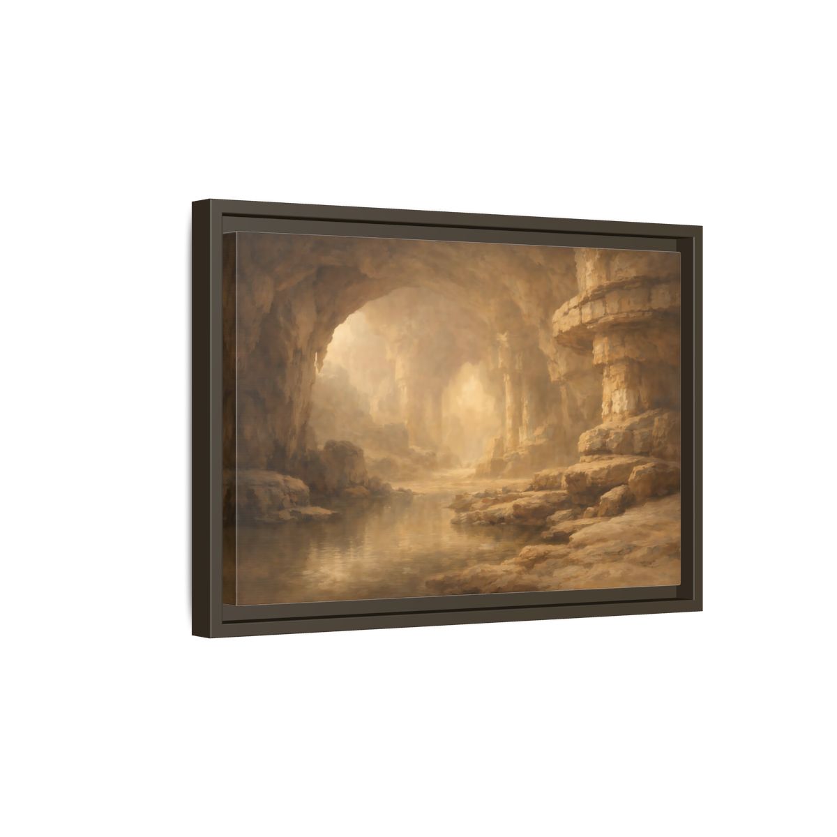 Side Mockup 5. Nature Cave Entrance Brown And Gold shown as stretched canvas wall art