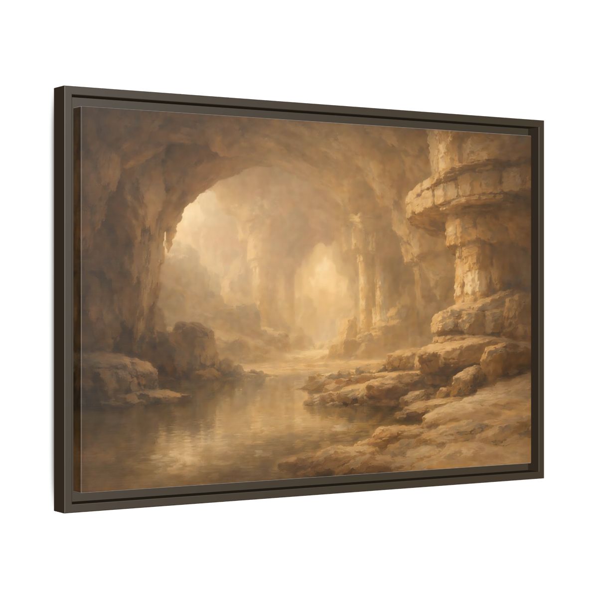 Side Mockup 11. Nature Cave Entrance Brown And Gold shown as stretched canvas wall art