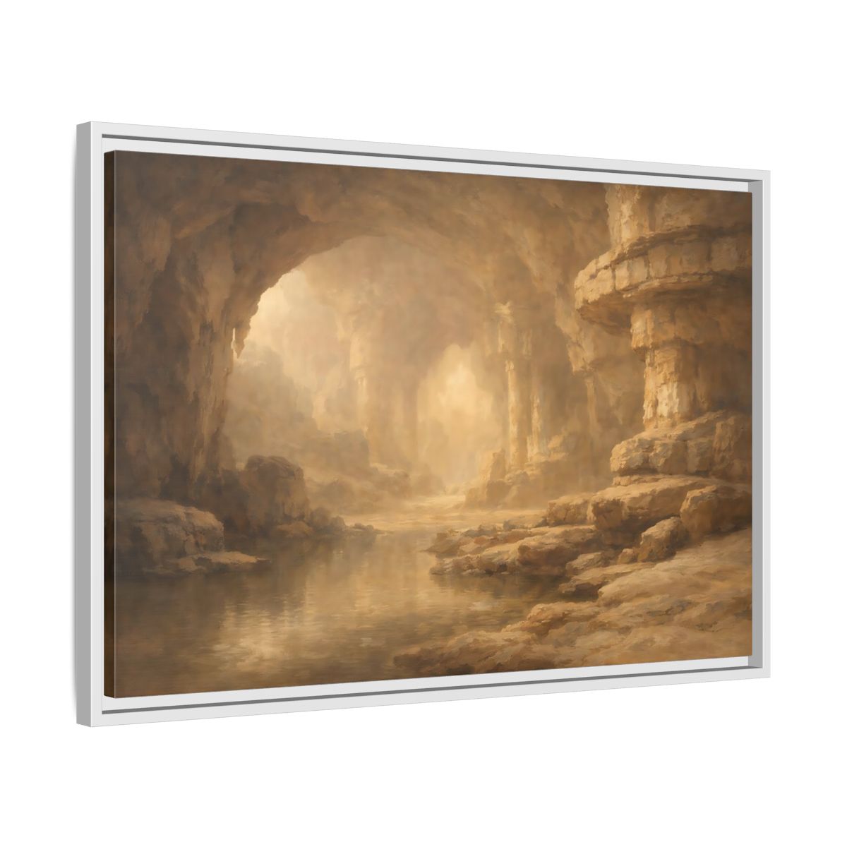 Side Mockup 10. Nature Cave Entrance Brown And Gold shown as stretched canvas wall art