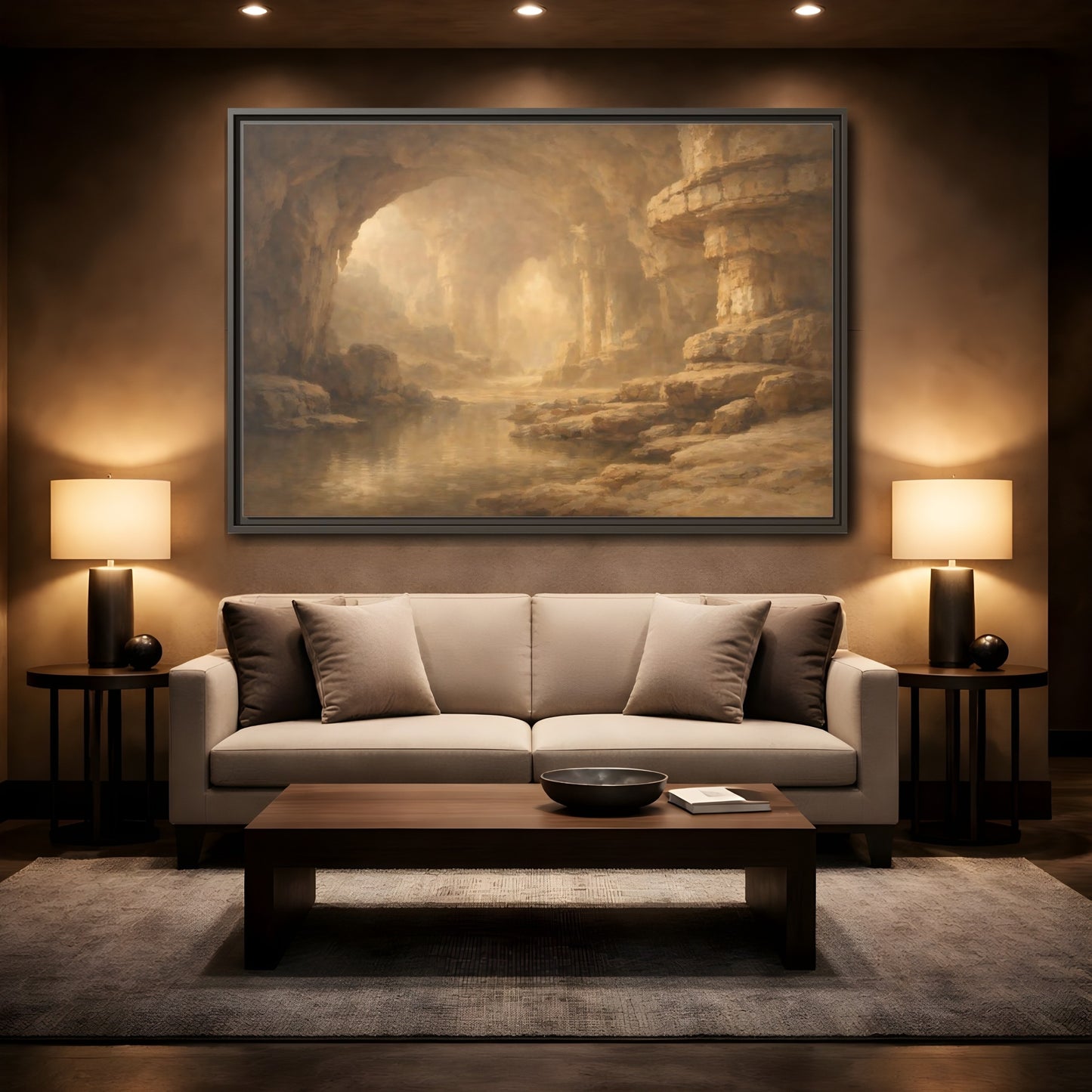 Mockup 2. Nature Cave Entrance Brown And Gold shown as stretched canvas wall art