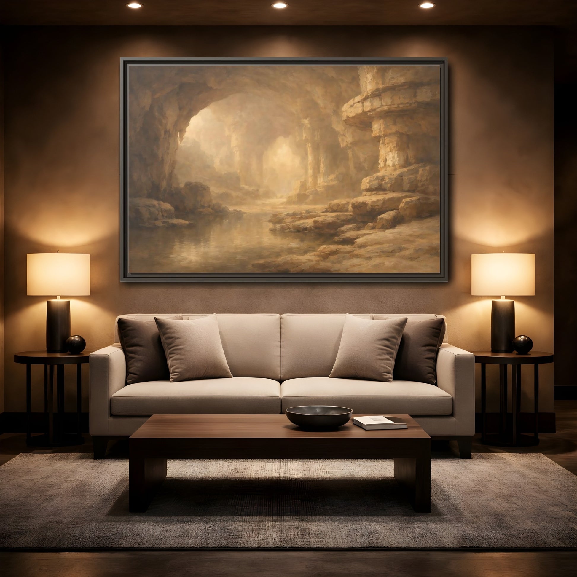 Mockup 2. Nature Cave Entrance Brown And Gold shown as stretched canvas wall art