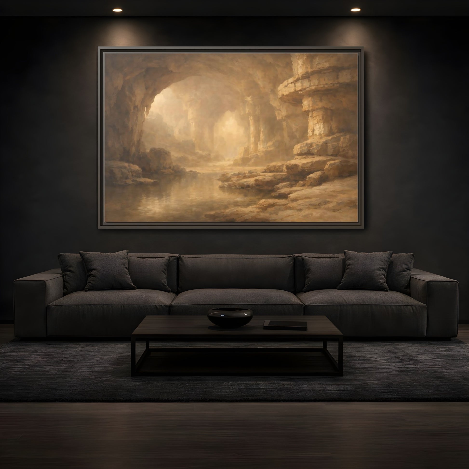 Mockup 3. Nature Cave Entrance Brown And Gold shown as stretched canvas wall art