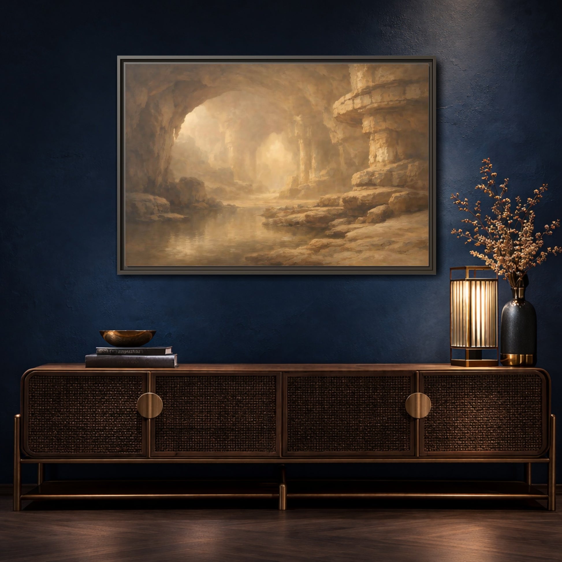 Mockup 4. Nature Cave Entrance Brown And Gold shown as stretched canvas wall art